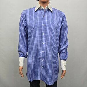 Frank Rostron England Dress Shirt Contrast Collar Four-button Cuff Blue Check XL